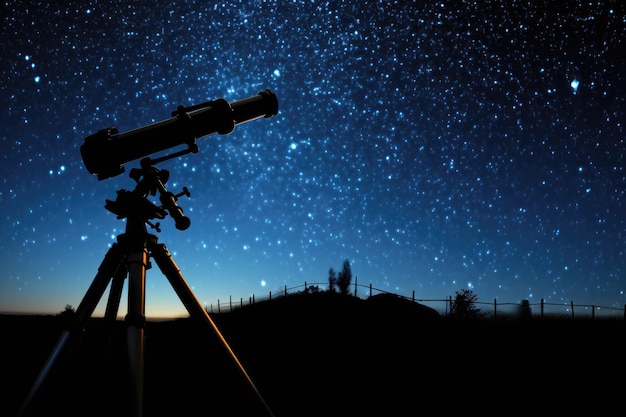 Het beeld toont een telescoop die wordt gebruikt onder de sterrenrijke nacht dit kunstwerk vangt de schoonheid