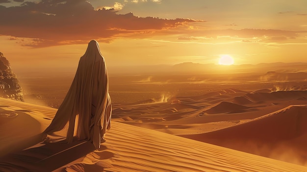 Het beeld toont een woestijn met een persoon in een witte mantel die op een zandduin staat de zon gaat onder en werpt een lange schaduw over de woestijn