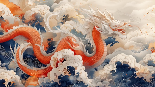 Het beeld van de draak met het golvenpatroon in Chinese stijl werd met de hand getekend.