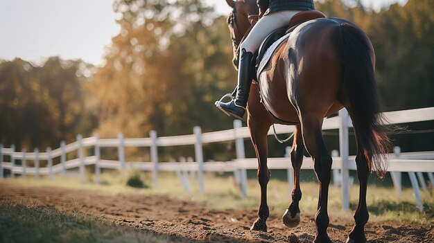 Foto het begin van een rijles op de paardenschool banner met kopieerruimte met een paard