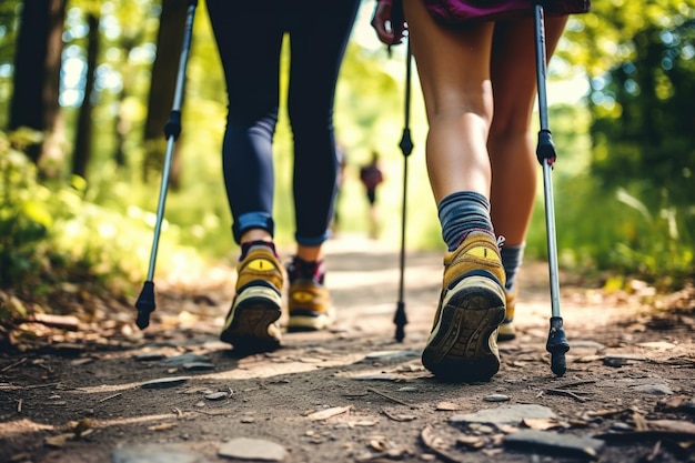 Het beoefenen van Nordic walking: de benen lopen doelbewust en profiteren van de ritmische beweging en de oefening van het hele lichaam