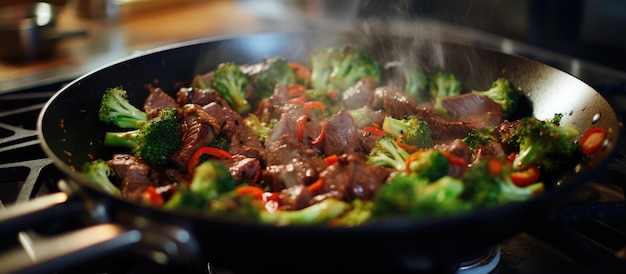 Het bereiden van rundvlees en broccoli in een verwarmde keuken