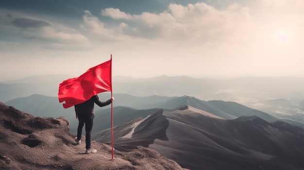 Het bereiken van een doelconcept bergbeklimmer met rode vlag op berg Generatieve AI