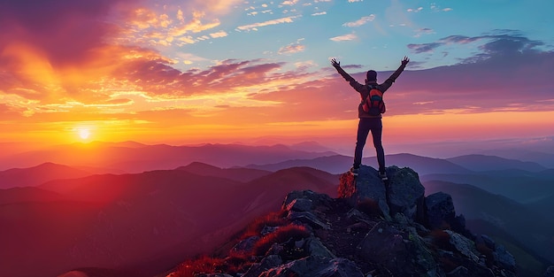 Het bereiken van nieuwe hoogten triomfantelijk staan op de top van een bergtop bij zonsopgang Concept Adventure Summit Triumph Sunrise Mountain Peak