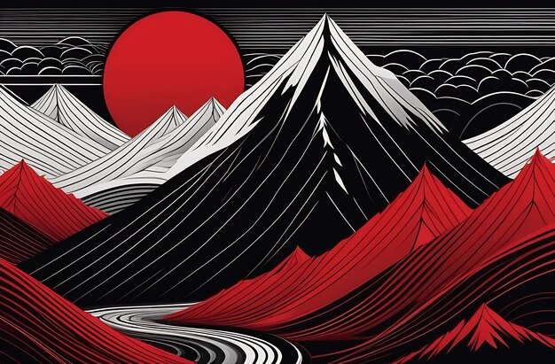 Het berglandschap met de zon is gemaakt met Japanse stijl lijnen zwarte en rode illustratie op een