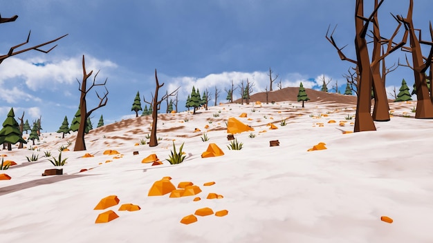 Het besneeuwde landschap van een natuurlijk en virtueel 3d omgevingsontwerp geeft terug