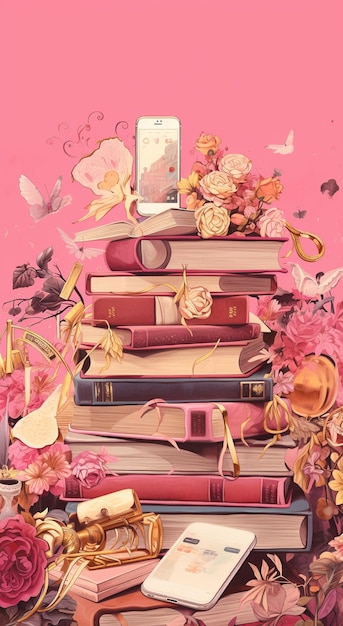 het beste van de beste roze boekenlegger op de telefoon in de stijl van rommelige chique illustraties