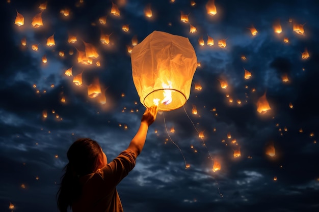 Foto het betoverende lantaarnfestival in de nachtelijke lucht.