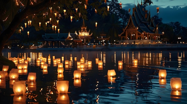 Het betoverende nachtelijke Songkran-feest met drijvende lantaarns die een lichtpad op het water verlichten