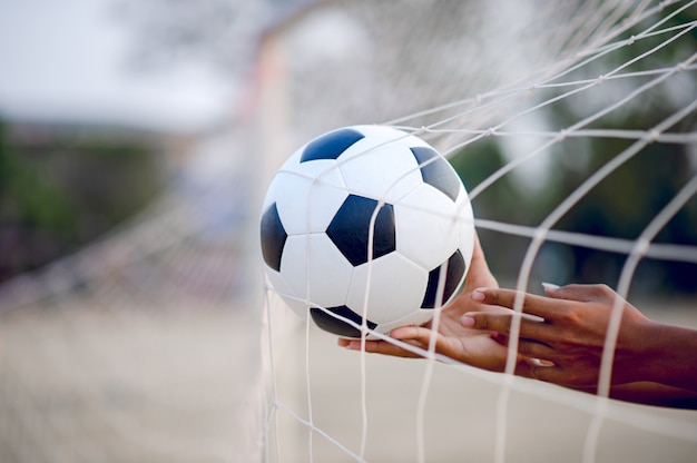 Het bijgesneden beeld van sporters die de bal en het voetbalveld vangen.