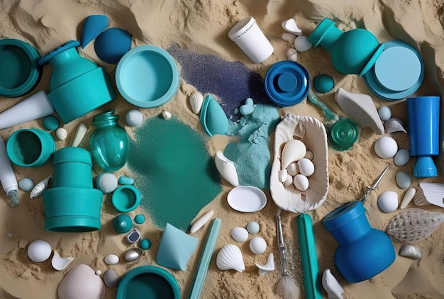 Foto het blauwe plastic dat in het zand ligt in de stijl van licht smaragd en beige