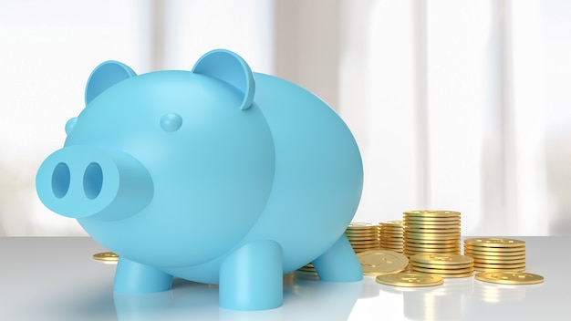 Het blauwe spaarvarken op witte tafel en gouden munten voor besparing of bedrijfsconcept 3D-rendering