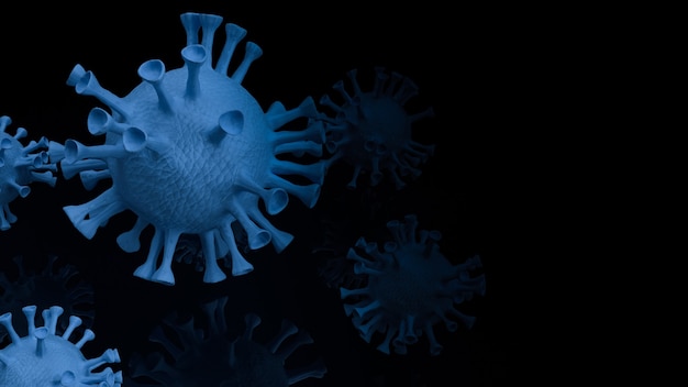 Het blauwe virus in donkere toon voor uitbraken of medische inhoud 3D-rendering