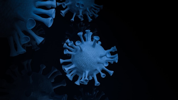 Het blauwe virus in donkere toon voor uitbraken of medische inhoud 3D-rendering