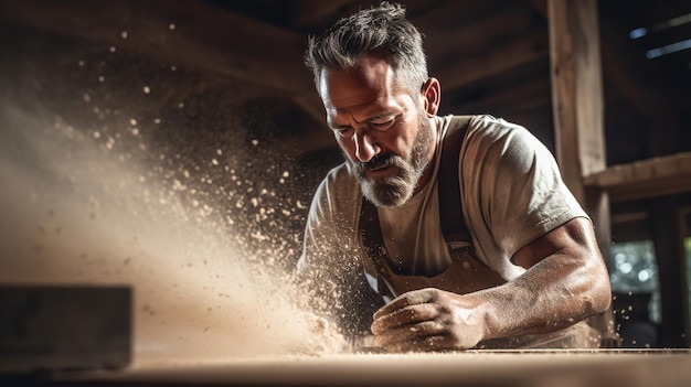 Foto het blazen van houtstof van een plank door een timmerman generative ai