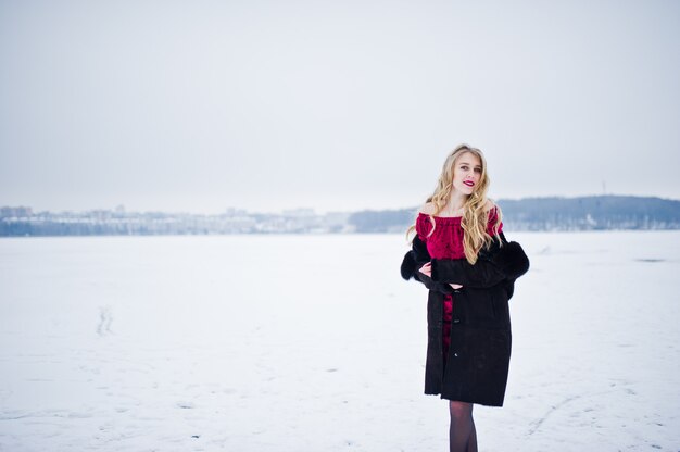 Het blonde meisje van de elegantie in bontjas en het rode avondjurk stellen bij de winter sneeuwdag.