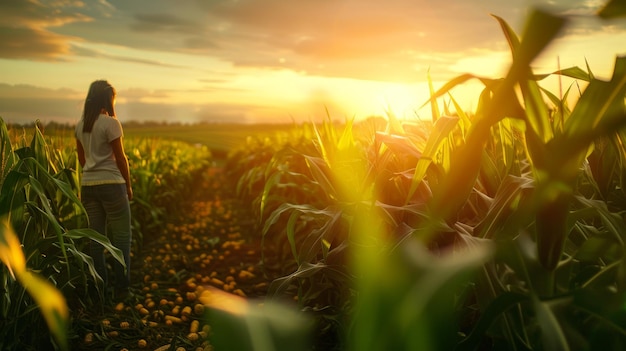 Het boerenmeisje kijkt bij zonsondergang naar de kwaliteit van de maïs op de boerderij.