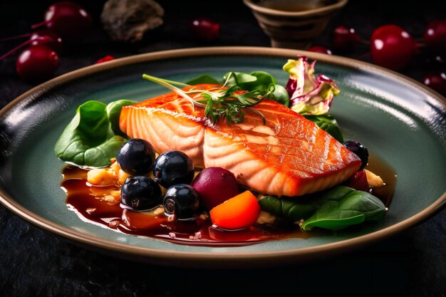 het bord zalm wordt geserveerd met de groenten druiven en spinazie bladeren gegooid in olie