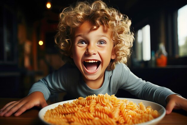 Het bordje van een vrolijke kleine jongen met lekkere pasta