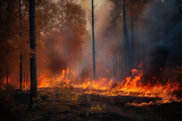 Het bos brandt Vuur in het bos AI gegenereerd