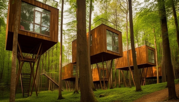 Het bos is omgeven door bomen en heeft een houten structuur met een raam waarop 'bos' staat.