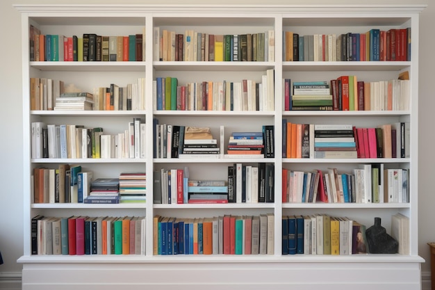 Het Britse huis in Brighton, Engeland, heeft een witte boekenkast met boeken