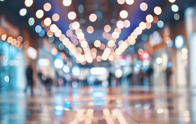 Het bruisende interieur van een winkelcentrum met kleurrijke gloeiende lichten's avonds