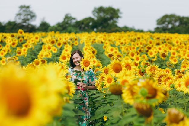 Het brunette meisje in een veld met zonnebloemen