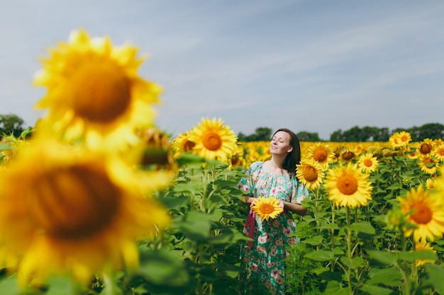 Het brunette meisje in een veld met zonnebloemen
