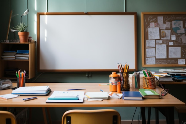 Het bureau in een klaslokaal is uitgerust met briefpapier dat de productiviteit stimuleert