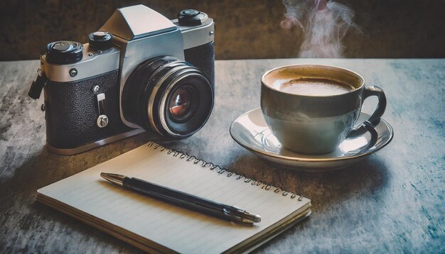 Het bureau van een fotograaf die koffie drinkt en schrijft.