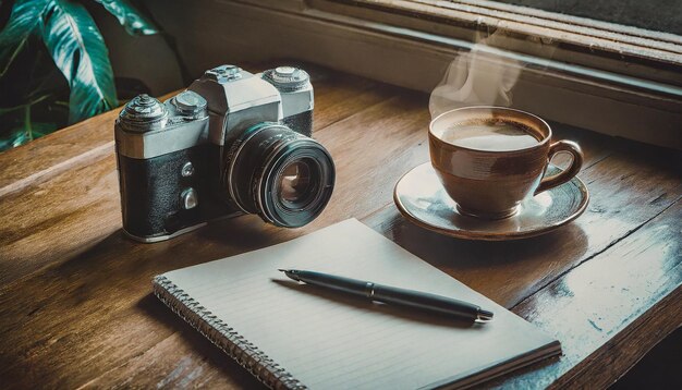 Het bureau van een fotograaf die koffie drinkt en schrijft.