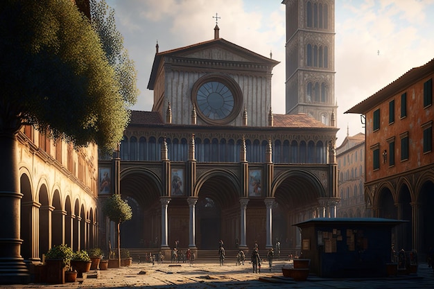 Het centrale plein Piazza Grande in het historische centrum van de oude Italiaanse kunststad Arezzo in Toscane, Italië, heeft een middeleeuwse kerk en andere bouwwerken