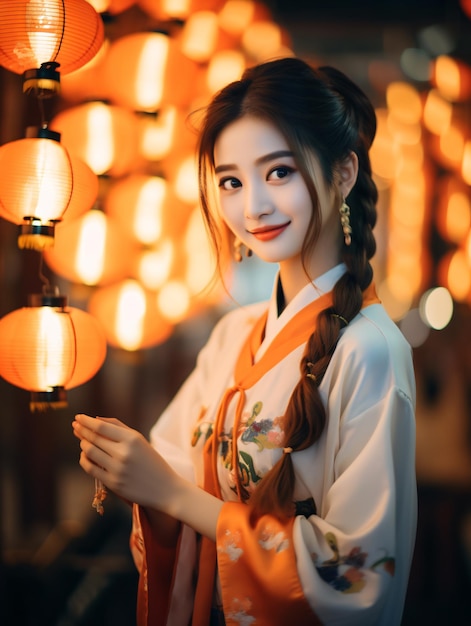 Het Chinese lantaarnfeest wordt gevierd door mooie meisjes onder de lantaarnlichten.