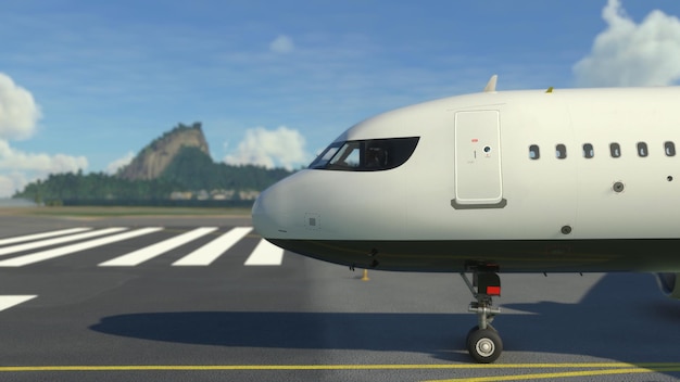 Het commerciële vliegtuig treft voorbereidingen om op Rio de Janeiro op te stijgen. 3D illustratie.
