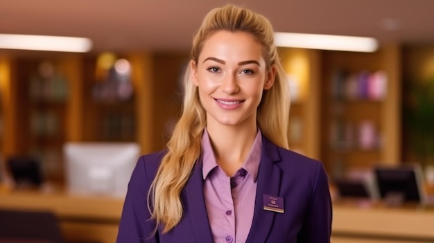 Het complete Generative AI-schilderij van een beeldschone blonde hotelreceptionist