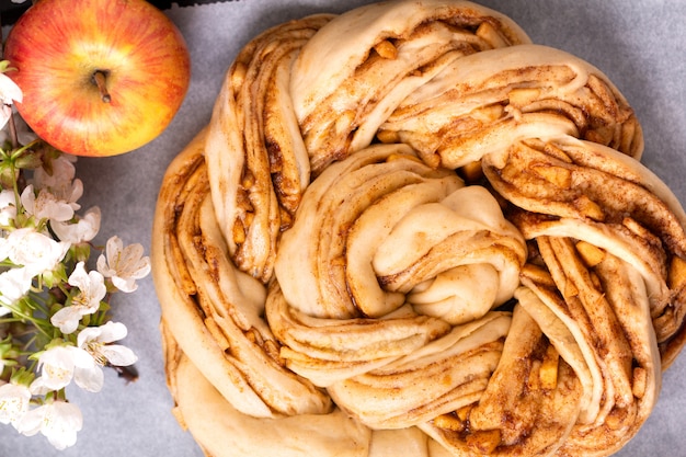 Het concept dat van de voedselbakkerij brood maakt dought voor het Broodje van de appelkaneel Gevlechte Brood met exemplaarruimte