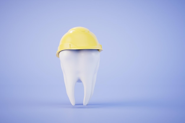Het concept tandbescherming een tand in een beschermende helm op een blauwe 3D achtergrond geeft terug
