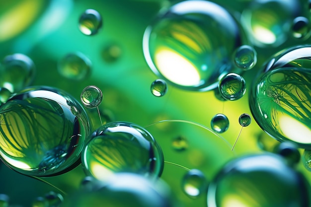 Het concept van de moleculen van cosmetische ingrediënten illustreert een glad wateroppervlak en bubbels op een groene achtergrond.