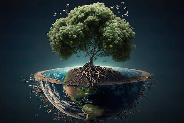 Het concept van ecologie en natuurbescherming Levende boom die groeit vanaf de planeet Aarde Earth Daygenerative AI