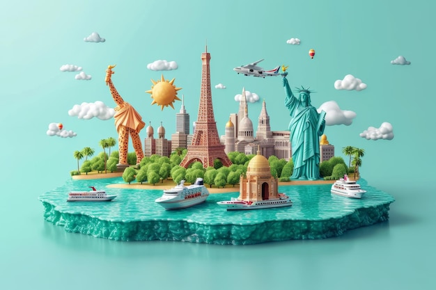 Het concept van een rondreis door de wereld met bagage Een stad op een eiland 3D-illustratie