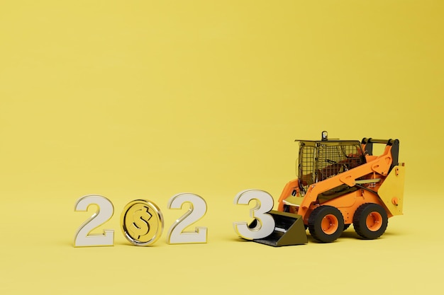 Het concept van het begin van 2023 bulldozer laden cijfers 2023 waar de munt dollar in plaats van 0