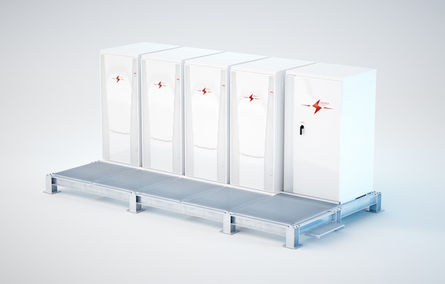 Het concept van het besparen van energie uit hernieuwbare bronnen. 3d illustratie van een modern batterijsysteem met een achtergrond van zonnewindenergiecentrales in een warm avondlicht.