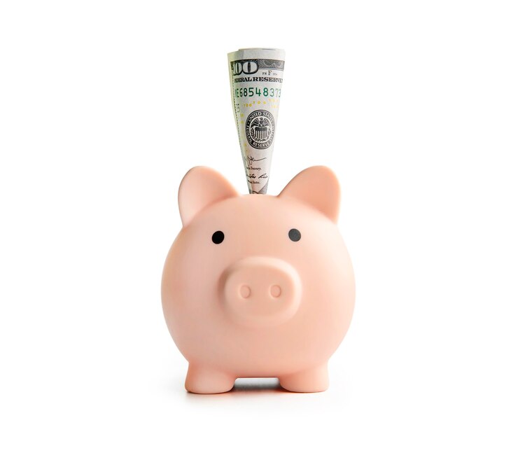Foto het concept van het bewaren en besparen van geld. spaarvarken geïsoleerd op een witte achtergrond. dollar in de spaarpot.