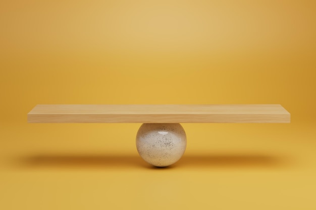 Het concept van het in evenwicht houden van een bal waarop een balanceerbord is, kopiëren en plakken 3D renderen