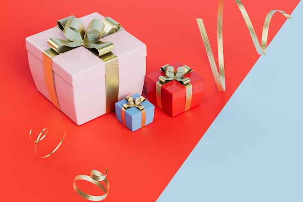 Het concept van het ontvangen van veelkleurige geschenkdozen en gouden linten op een roodblauwe achtergrond