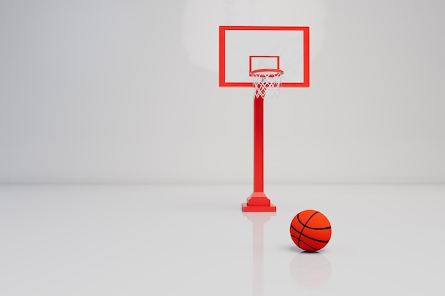 Het concept van het spelen van basketbal, basketbalring en oranje bal op een witte achtergrond kopieerpasta