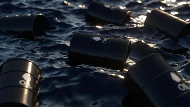 Het concept van olie Het embargo Lege olievaten drijven in een zee van olie Een milieuramp 3d illustratie
