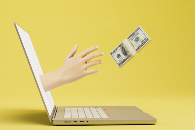 Het concept van online inkomsten een laptop met een hand die eruit steekt met een stapel dollars