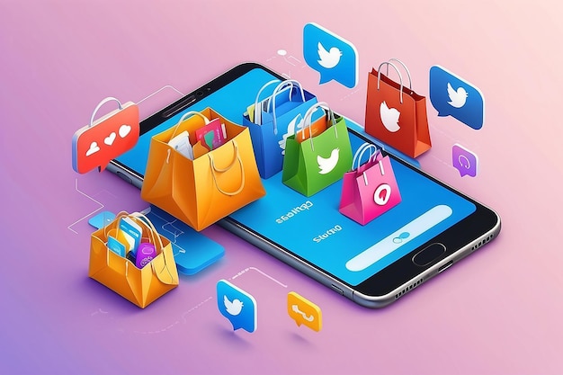 Het concept van online winkelen op sociale media app 3d Smartphone met boodschappen tas chat bericht levering 24 uur en als icoon geschikt voor de promotie van digitale winkels web en advertentie illustratie